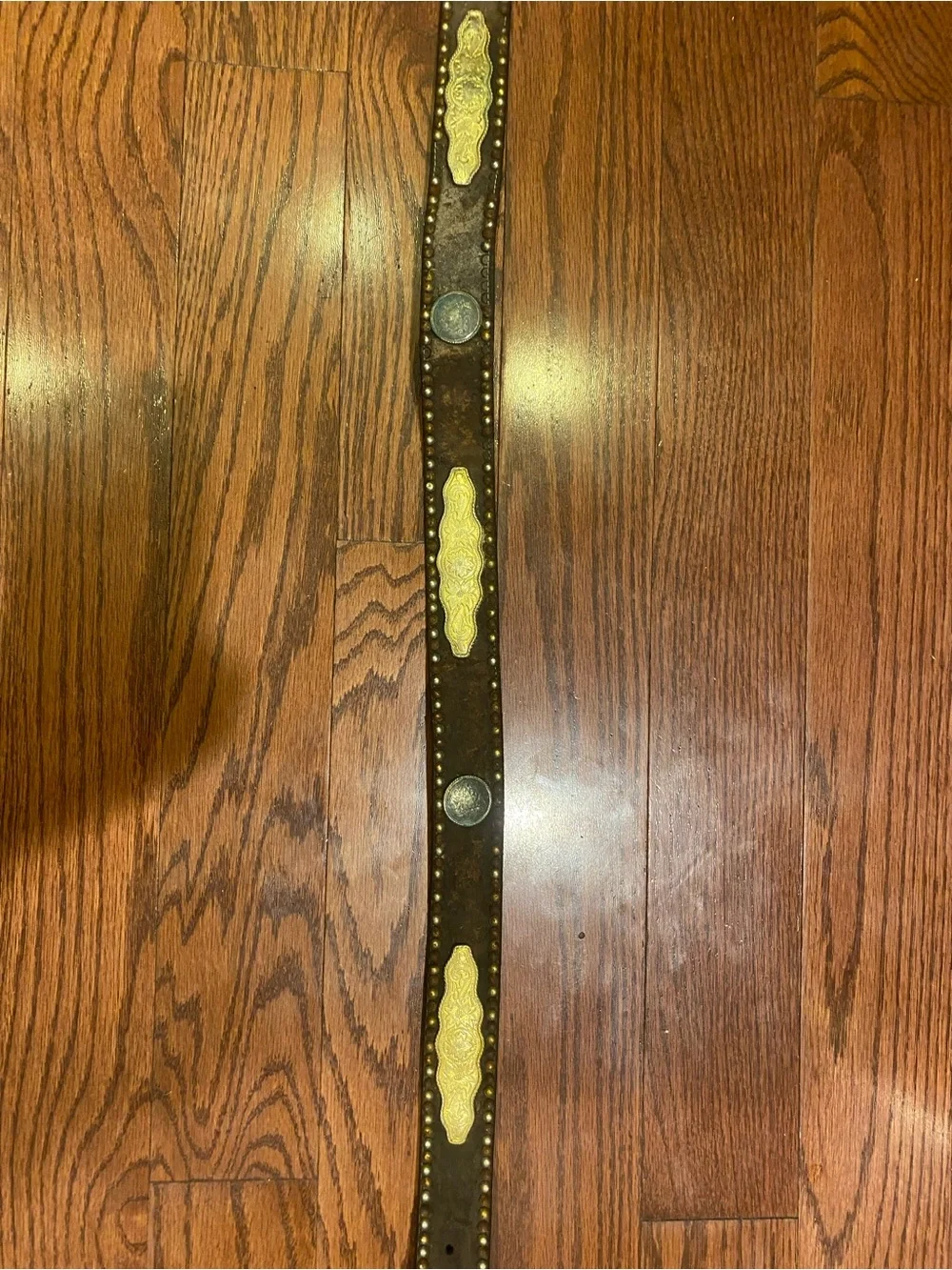 Vintage Western Cowboy Belt Brown Leather w/Floral Gold & Silver Accents Worn
